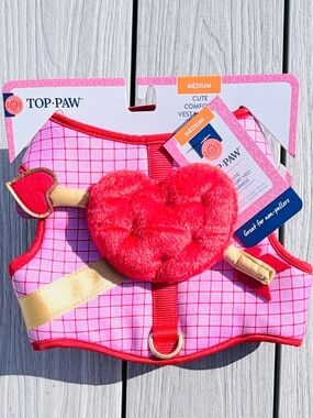 Top Paw Pink Grid Plush Heart Dog Comfort Leash Harness Vest with Gold Accent